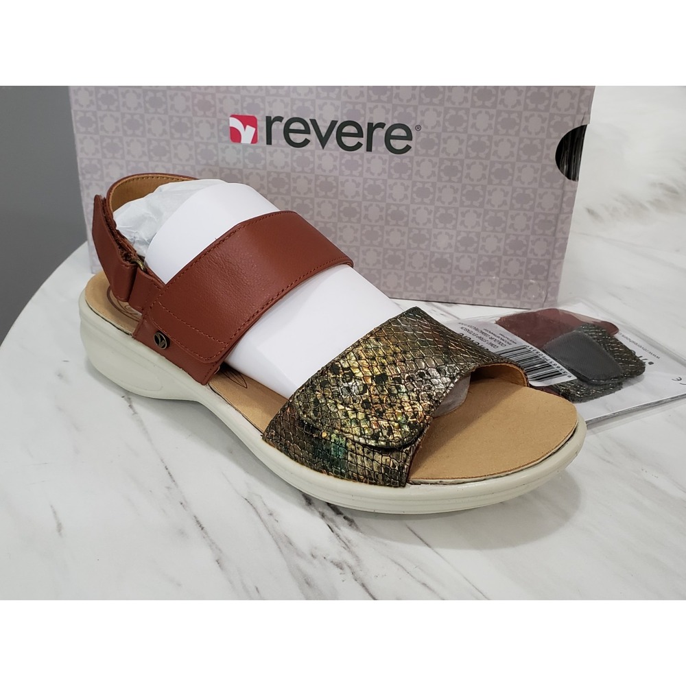 NEW SIZE 7 Revere Como Slingback Sandal Cognac peacock Python Brown leather